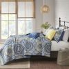 6 Piece Reversible Quilt Set with Throw Pillows Blue Full/Queen