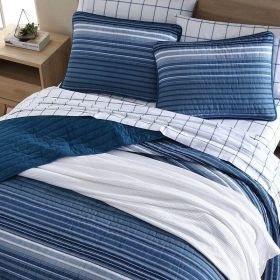 Coastal Blue Stripe Reversible  Cotton Quilt Set (size: King)
