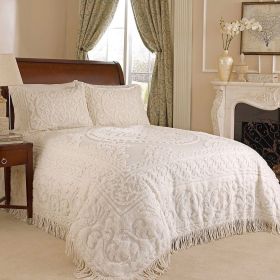 100% Cotton Chenille Bedspread with Fringe Sides (Color: white beige, size: King)