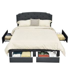 Linen Adjustable Headboard 4 Drawer Storage Platform Bed (Color: grey, size: Queen)