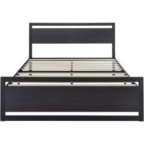 Black Metal Platform Bed Frame with Wood Panel Headboard and Footboard (size: Queen)