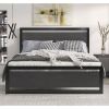 Black Metal Platform Bed Frame with Wood Panel Headboard and Footboard