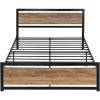 Metal Platform Bed Frame with Brown Wood Panel Headboard and Footboard