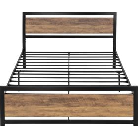 Metal Platform Bed Frame with Brown Wood Panel Headboard and Footboard (size: Queen)