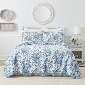 3-Piece Bed-in-a-Bag Bohemian Floral Cotton Quilt Set (Color: blue white, size: King)