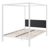 White Metal Canopy Bed Frame with Grey Fabric Upholstered Headboard