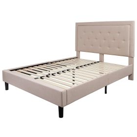 Beige Upholstered Platform Bed Frame with Button Tufted Headboard (size: Queen)