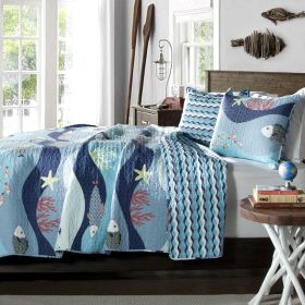 Blue Serenity Sea Fish Coral Coverlet Quilt Bedspread Set (size: Twin)