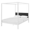 White Metal Canopy Bed Frame with Grey Fabric Upholstered Headboard