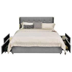 Linen Headboard 4 Drawer Storage Platform Bed (Color: grey/gold, size: Queen)