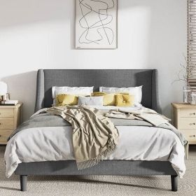Linen Blend Upholstered Platform Bed with Wingback Headboard (Color: grey, size: Queen)