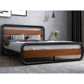 Heavy Duty Industrial Modern Metal Wood Platform Bed Frame with Headboard (size: Queen)