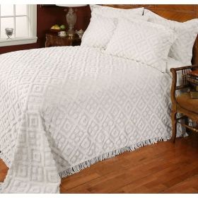 Diamond Pattern Cotton Chenille Bedspread with Fringe Edges (Color: White, size: Full)
