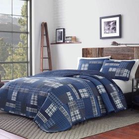 100-Percent Cotton Reversible 3 Piece Patchwork Quilt Set (Color: Blue, size: twinn)
