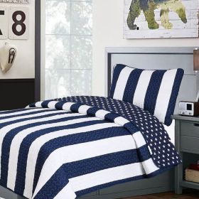 Reversible Stars Stripes 100-Percent Cotton Quilt Set (Color: navy white, size: Twin)