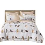 Floral Birds On Wire Lightweight 7 Piece Quilt Set (Color: yellow brown grey, size: full/queen)