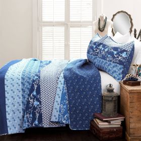 Boho Floral Birds Reversible Quilt Set (Color: blue white, size: full/queen)