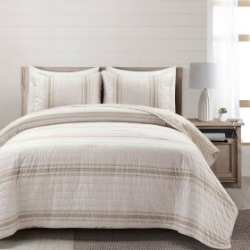 Striped Reversible Cotton Quilt Set (Color: beige & white, size: full/queen)