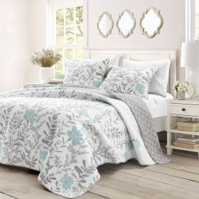 Floral Lightweight Thin Polyester Fabric 3-Piece Quilt Set (Color: blue grey, size: full/queen)