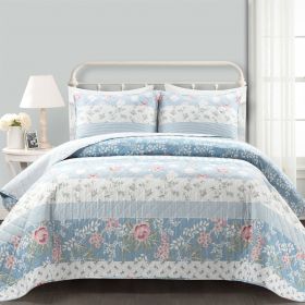Blue Pink White Beige Floral Cottage Lightweight 3-Piece Quilt Set (size: full/queen)