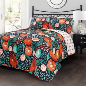 Red Poppy Flower Lightweight 3 Piece Cotton Quilt Set (Color: navy teal, size: full/queen)