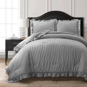 Grey White Stripe Ruffle Reversible 3 Piece Comforter Set (size: full/queen)