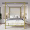 Gold Metal Canopy Bed with Upholstered Button-Tufted Headboard