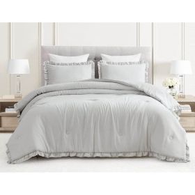 Oversized Ruffled Edge Microfiber Comforter Set (Color: grey, size: Full)