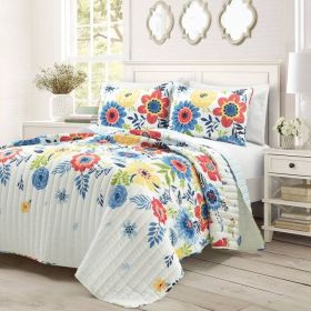 Lightweight Floral 3-Piece Polyester Quilt Set (Color: navy blue white, size: full/queen)