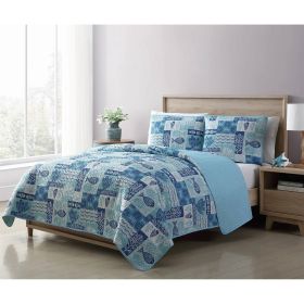 Aqua Blue Cream Beach Sea Shells Coral Fish Coastal 3-Piece Quilt Set (size: full/queen)