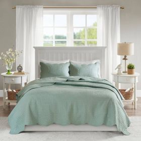 3-Piece Reversible Scalloped Edges Microfiber Quilt Set (Color: seafoam, size: full/queen)