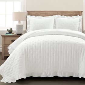 Lightweight Ruffle Reversible Oversized 3 Piece Quilt Set (Color: White, size: full/queen)