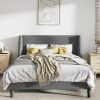 Linen Blend Upholstered Platform Bed with Wingback Headboard