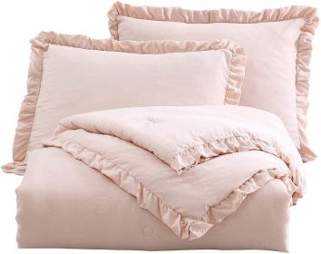Stone Washed Ruffled Edge Microfiber 3-Piece Comforter Set (Color: Pink, size: Full)