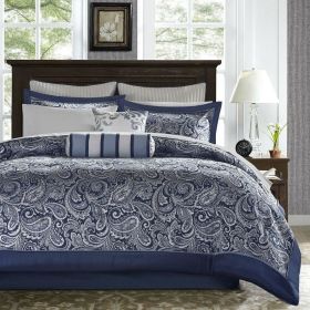 12-piece Reversible Microfiber Comforter Set (Color: navy blue white, size: cal king)