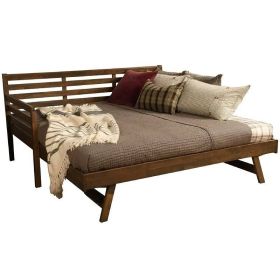 Solid Wood Day Bed Frame with Pull-out Pop Up Trundle Bed (Color: walnut finish, size: Twin)