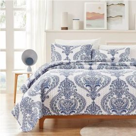 Soft Microfiber Reversible Baroque Design Quilt Set (Color: blue white, size: full/queen)