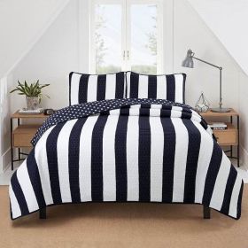 3-Piece Stars Stripes 100-Percent Cotton Quilt Set (Color: navy blue white, size: full/queen)