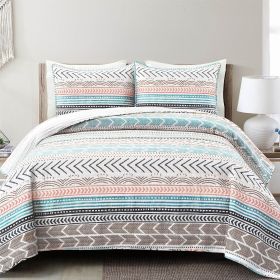 Scandinavian Chevron Reversible Cotton Quilt Set (Color: teal white orange brown, size: King)