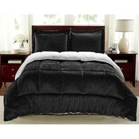 3-Piece Ultra Soft Sherpa Wrinkle Resistant Comforter Set (Color: black, size: Queen)