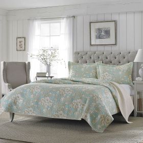 3-Piece Reversible Cotton Quilt Set with Floral Pattern (Color: seafoam blue beig, size: King)
