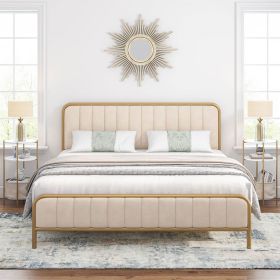 Gold Metal Platform Bed Frame with Off-White Upholstered Headboard (size: King)