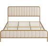 Gold Metal Platform Bed Frame with Off-White Upholstered Headboard
