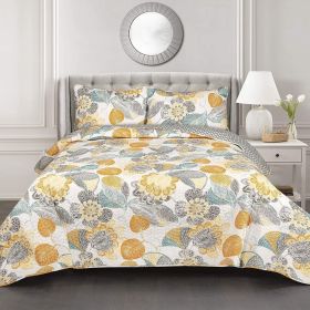 3-Piece Reversible Yellow Grey Teal Floral Leaves Cotton Quilt Set (size: King)