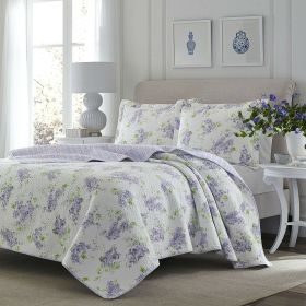 3-Piece Cotton Quilt Set with Floral Pattern (Color: white purple, size: full/queen)