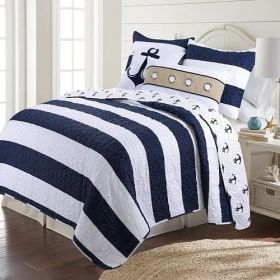 Nautical Stripped/Anchors Reversible Microfiber Quilt Set (Color: navy, size: Twin)