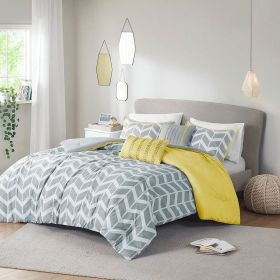 Reversible Comforter Set in Grey White Yellow Chevron Stripe (Color: grey white yellow, size: Twin)