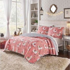 Reversible Floral Llama 100-Percent Cotton Quilt Set (Color: pink blue, size: twin/twin xl)