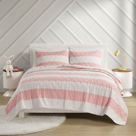 2-Piece Stripes Reversible Rainbows Cotton Quilt Set (Color: pink white, size: Twin)