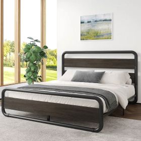 Heavy Duty Round Metal Frame Platform Bed with Black Wood Panel Headboard (size: Queen)